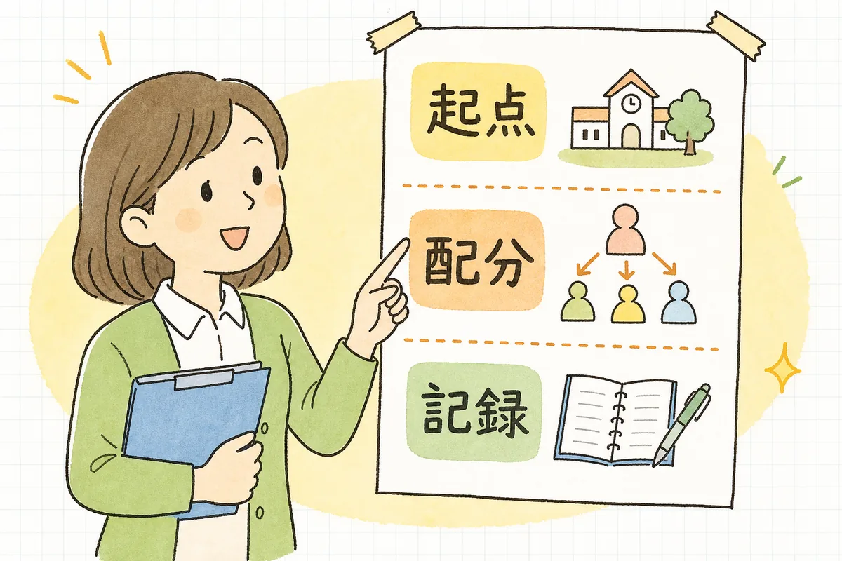 計画書と実績報告書でつまずきやすい三つの場面を、担当者が一枚の紙で指さして確認している図