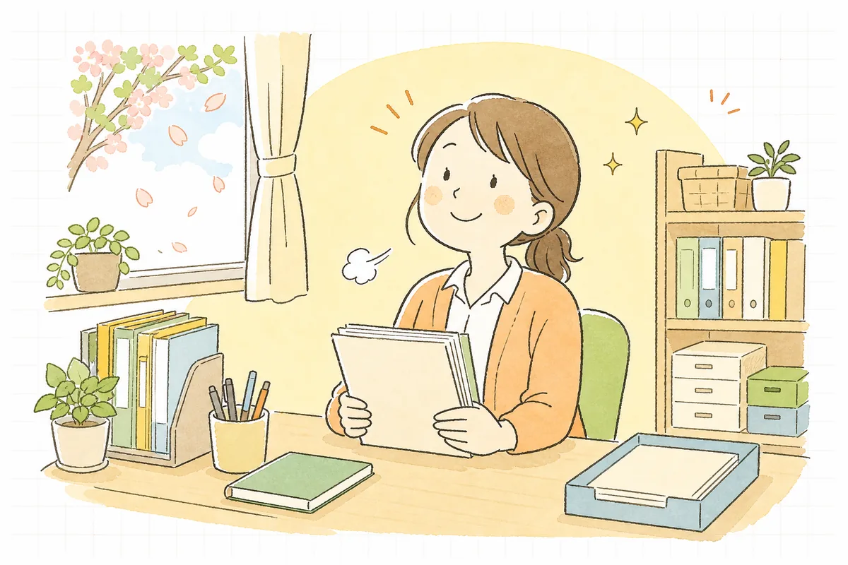 月々の記録を写して実績報告書を書き終え、ほっと肩の力が抜けてほほえむ保育園の事務担当者