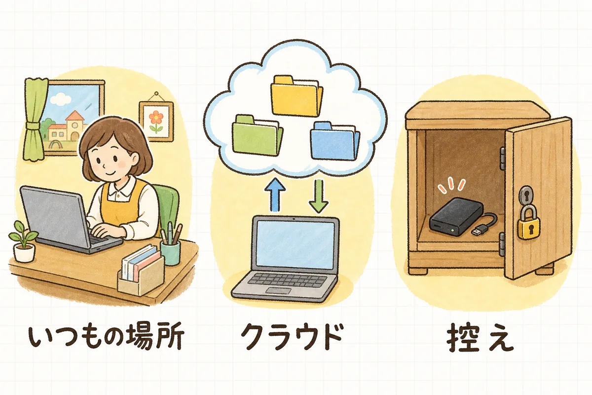 園のデータを3つの置き場所に分けた図。事務室のパソコンで作業する場面、インターネットの向こうの保存場所に預ける場面、鍵のかかる棚にしまった外付けの保存機器の場面