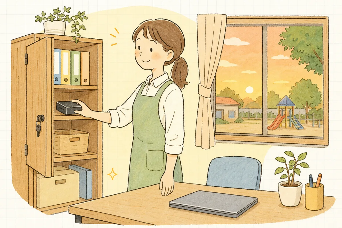 夕方の保育園の事務室で、事務担当者が鍵のかかる棚に小さな保存機器をしまい、ほっとした笑顔を見せている場面