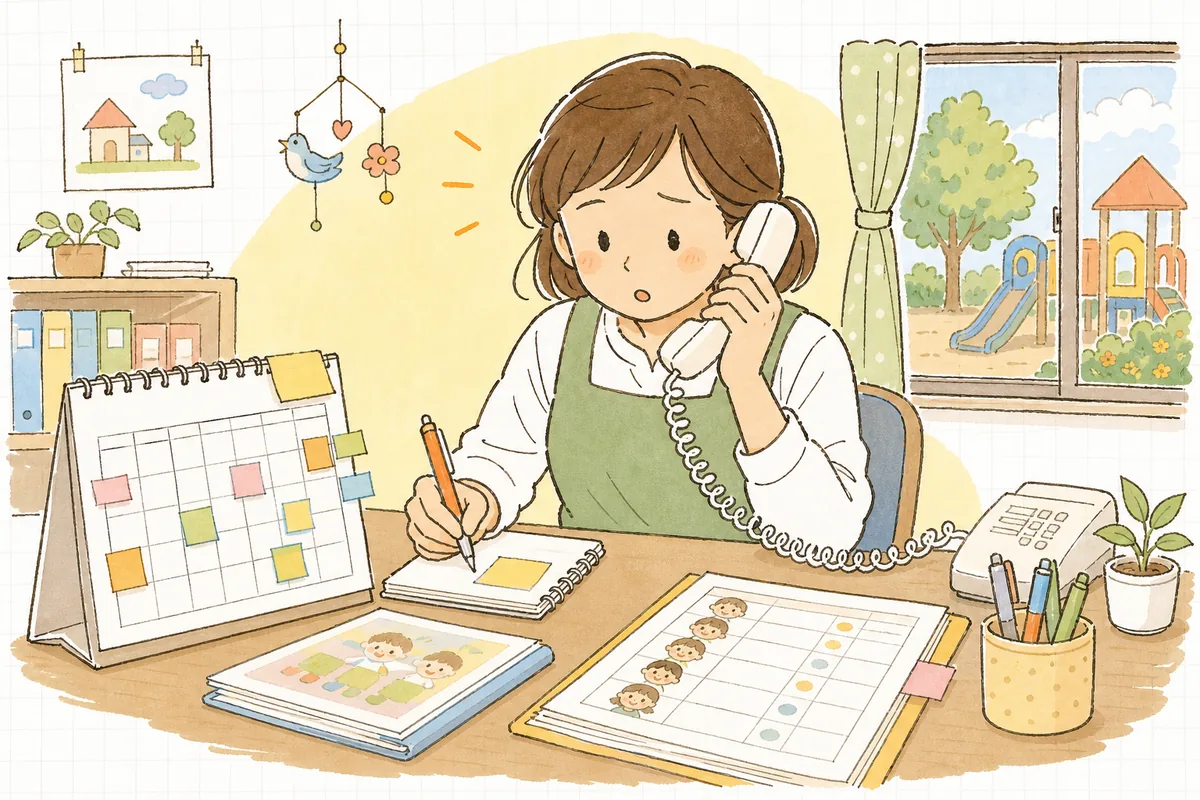 事務室で鳴り続ける電話の受話器を取りながら、机に広げたメモとカレンダーで見学の日程を確かめている保育園の事務担当者