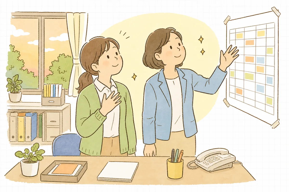 静かになった事務室で、壁に貼った見学予定の一覧表を見ながら、園長と並んでほっとほほえむ保育園の事務担当者