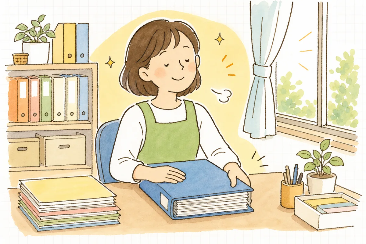 健診結果を児童票に綴じ終えたファイルを閉じ、窓辺の明るい光の中でほっとほほえむ保育園の事務担当者