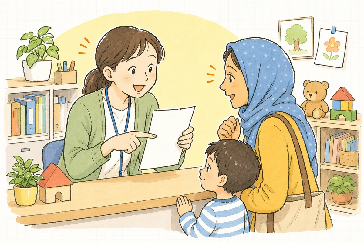 園の事務室で、外国にルーツのある保護者にお知らせのプリントを見せながら、身ぶりを交えてやさしく説明する保育園の事務担当者