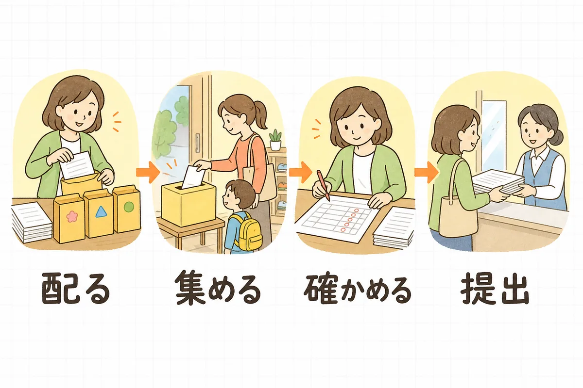 年度更新の書類を配ってから提出するまでの流れを、配る・集める・確かめる・提出の4場面で示した横並びの手順図