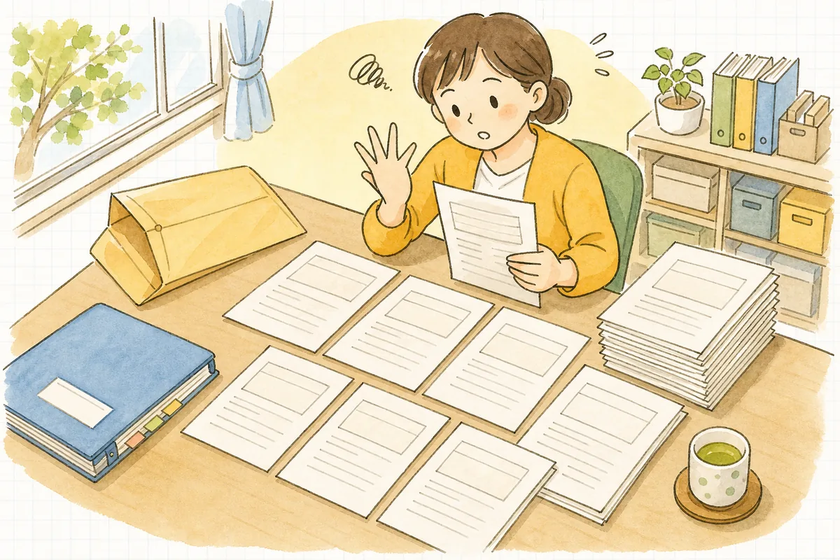 自治体から届いた年度更新の依頼文と就労証明書の束を机に広げ、対象の園児が何人になるか数えている保育園の事務担当者