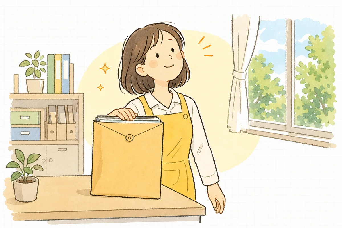 集め終えた年度更新の書類を封筒にそろえて入れ、ほっとした表情で顔を上げている保育園の事務担当者