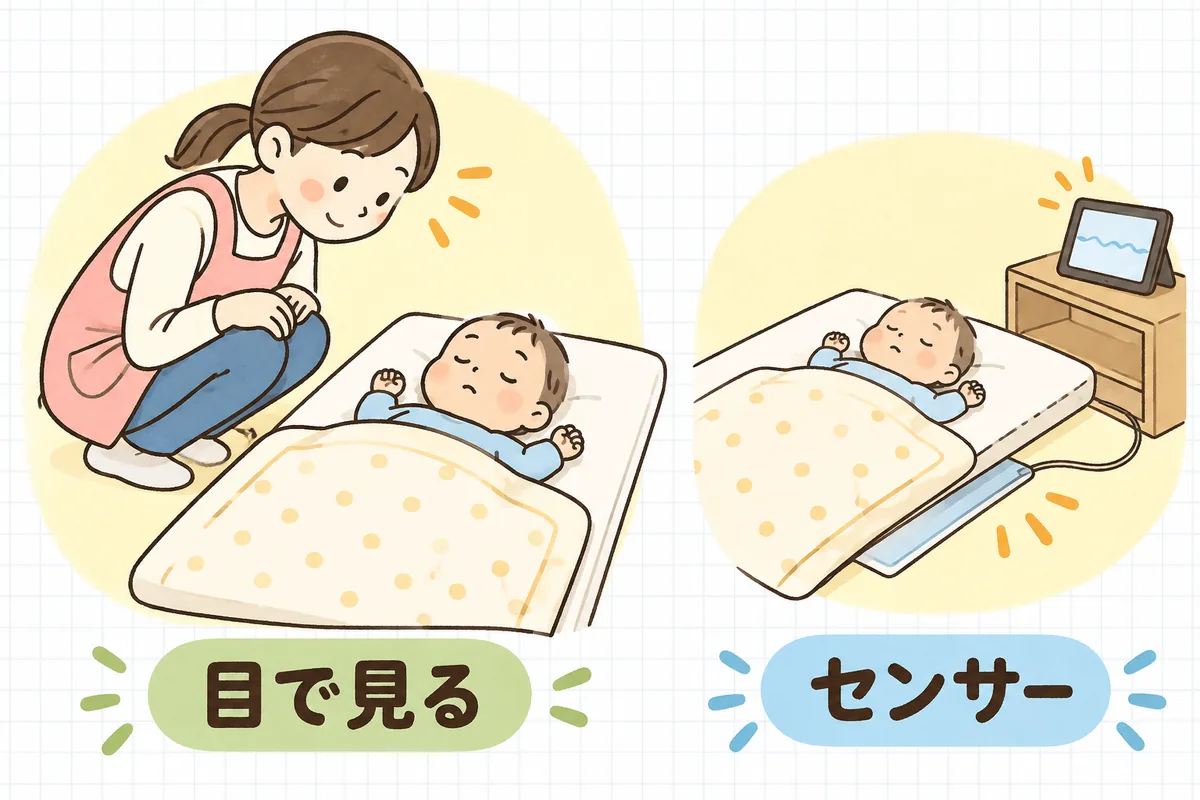 午睡の見守りの役割分担を左右に分けた図。左はそばで乳児の寝顔を目で確かめる保育士、右は布団の下のセンサーとタブレットに届く知らせ