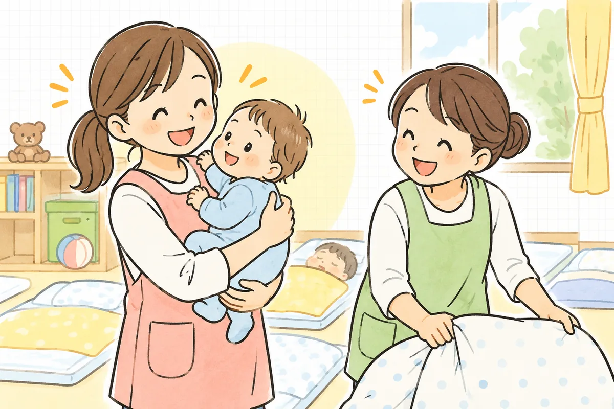 午後の明るい保育室で、お昼寝から目覚めた乳児を抱き上げた保育士が、そばの同僚と目を合わせてほっと笑い合う場面