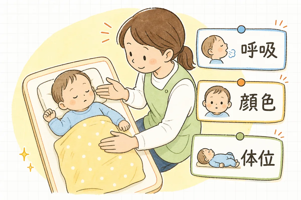 午睡チェックで毎回確認する「呼吸・顔色・体位」の3つの観察点を並べた整理図