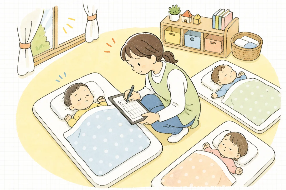 午睡中の子どもたちのそばで、チェック表に記入しながら一人ひとりの呼吸と顔色を確かめる保育園の職員