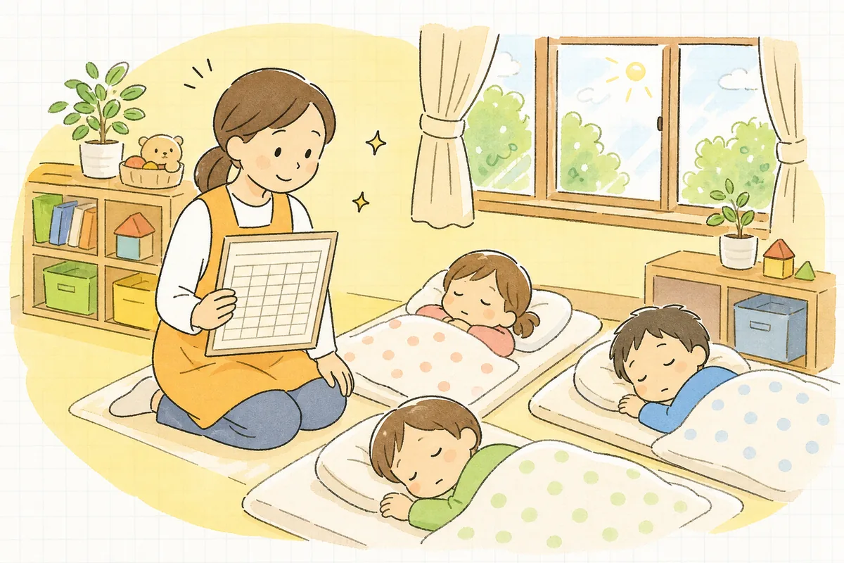 整った午睡チェック表を手に、静かな午睡の部屋で子どもたちを穏やかに見守る保育園の職員