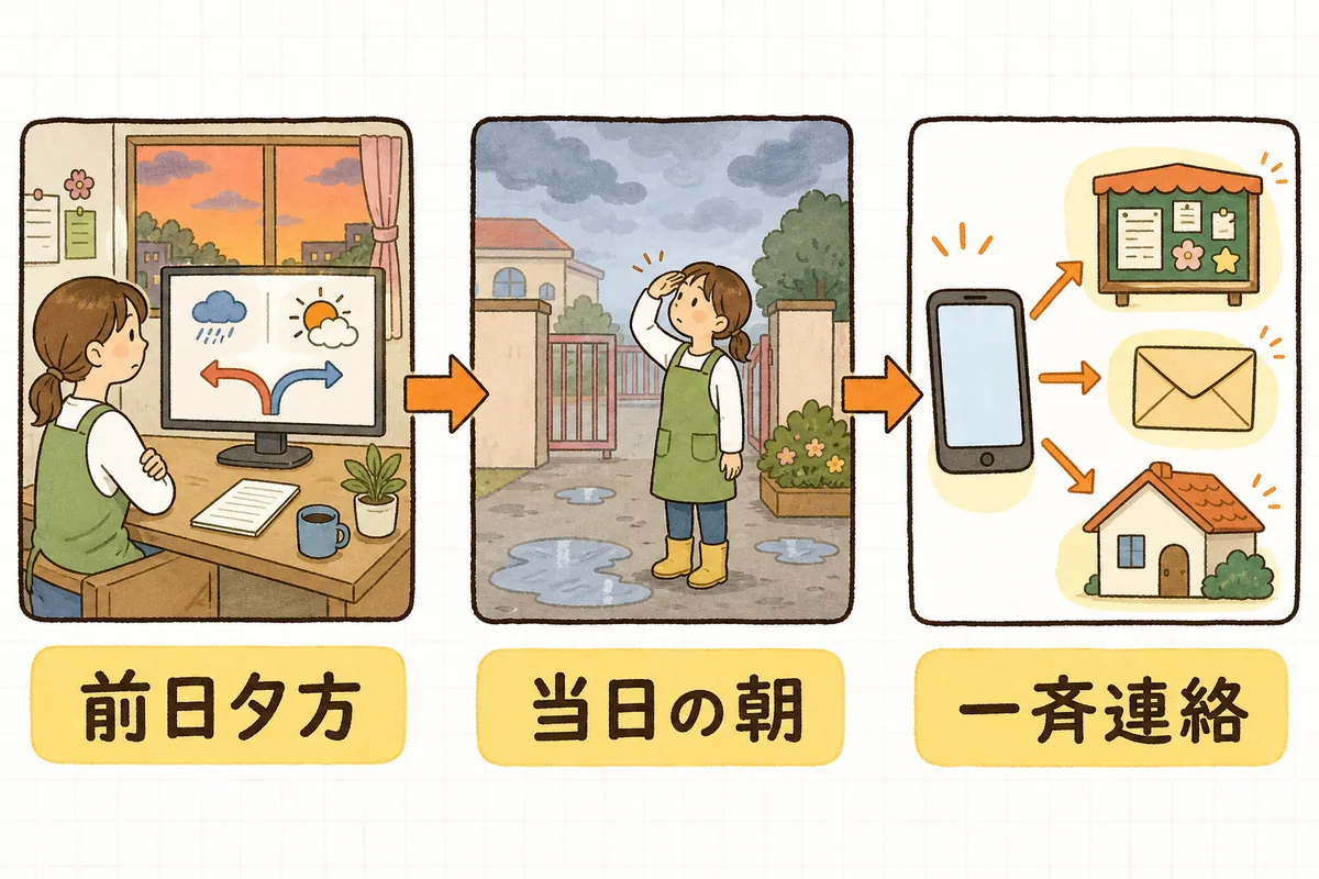 行事の中止・延期を決めて伝えるまでの流れを、前日夕方・当日の朝・一斉連絡の3つの場面で示した図