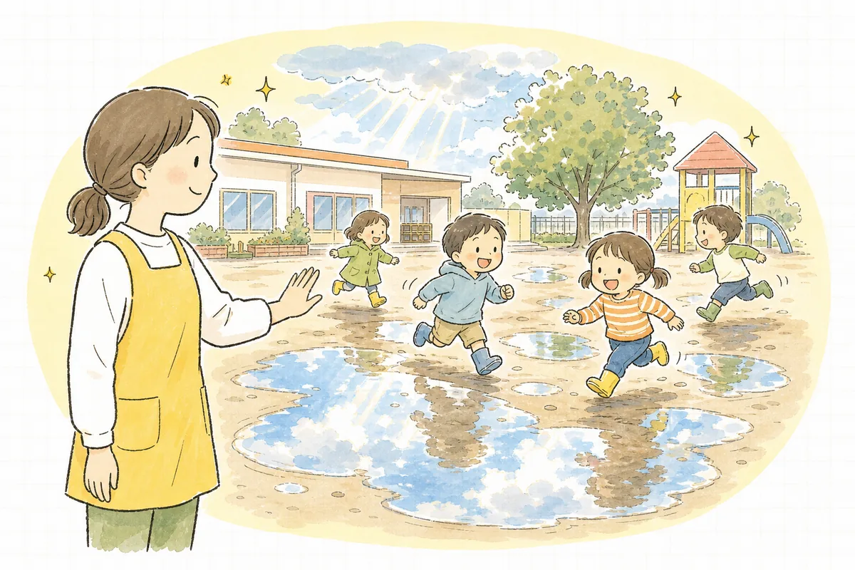 雨上がりの園庭で、水たまりを避けながら子どもたちが元気に走り、保育士が笑顔で見守っている場面