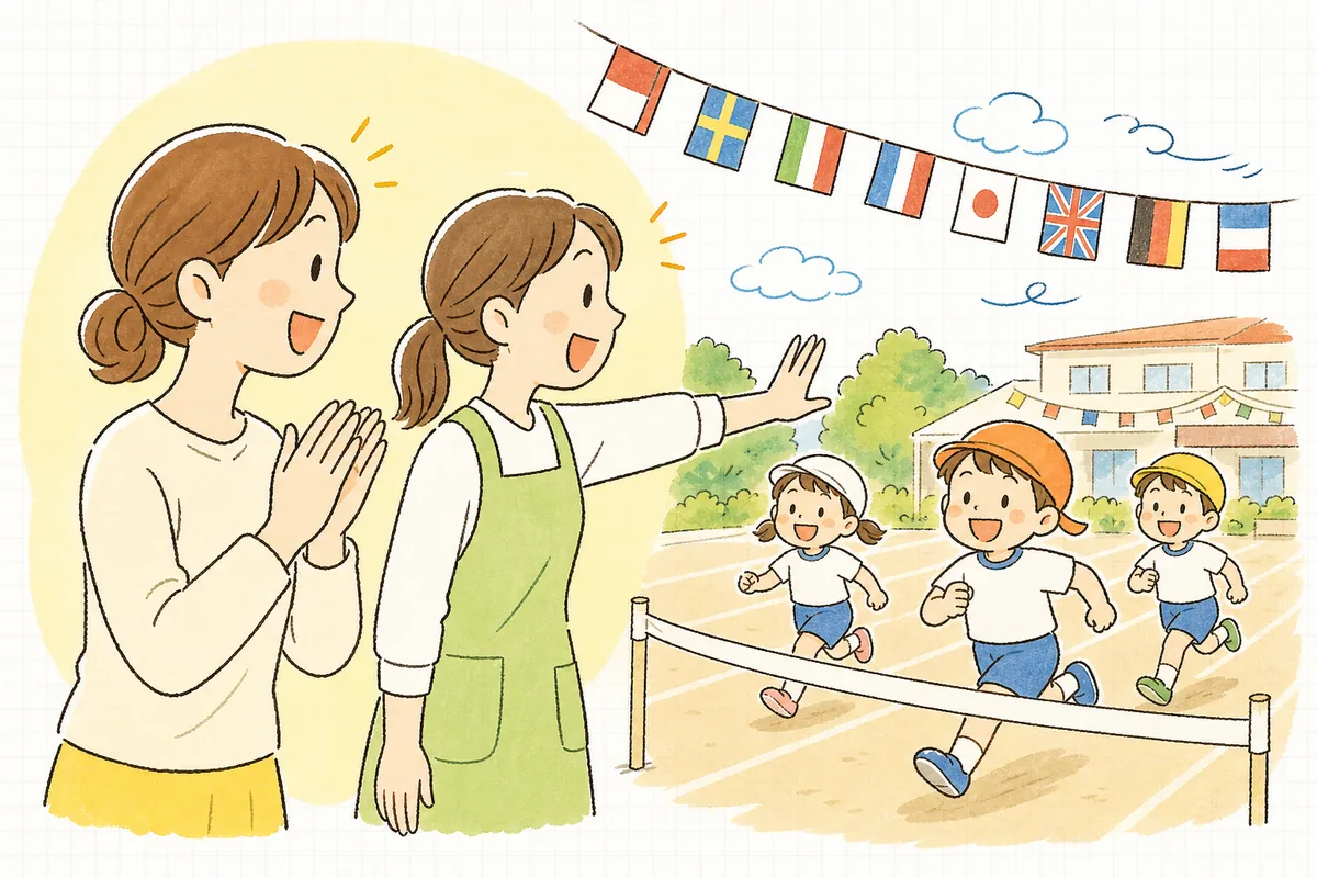 秋の運動会の園庭で、保護者と職員が笑顔で子どもたちの競技を見守っている明るい場面