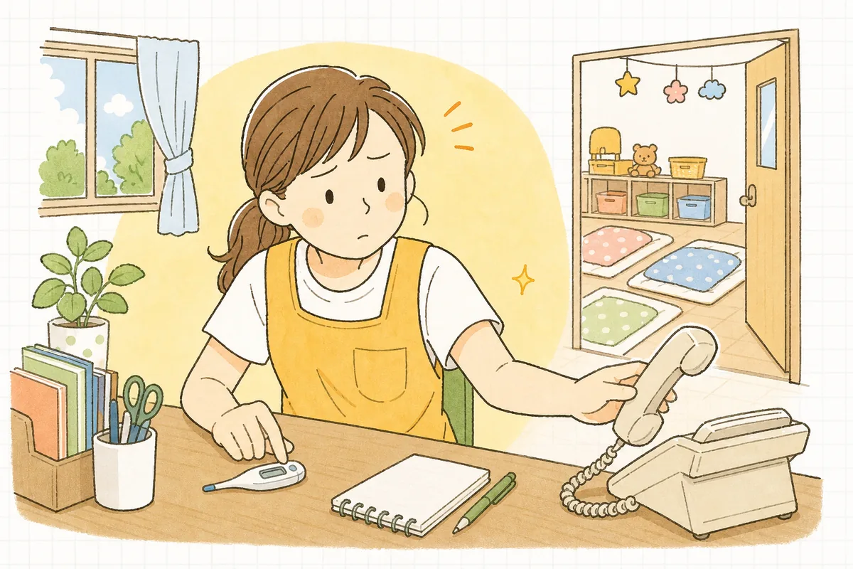 体温計の数字を確かめながら、保護者へかける電話の受話器に手を伸ばそうとして一瞬ためらっている保育園の職員