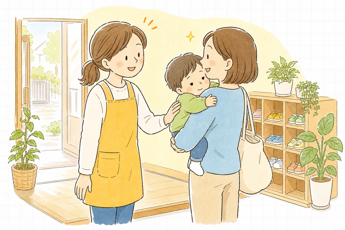 園の玄関でお迎えに来た保護者に子どもを引き渡し、やわらかく笑みを交わしている保育園の職員