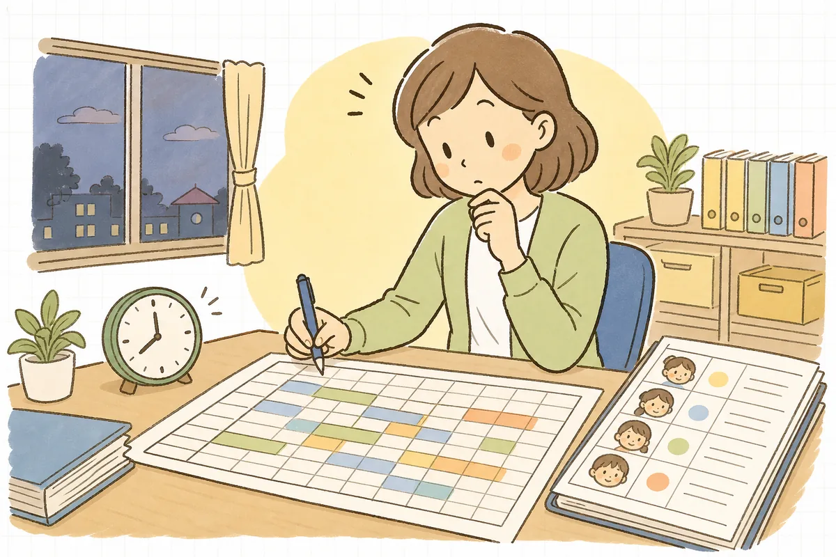 早番・遅番の勤務時間と休憩時間を書き込んだ一日のシフト表を見ながら、休憩をいつ入れようか考えている保育園の事務担当者