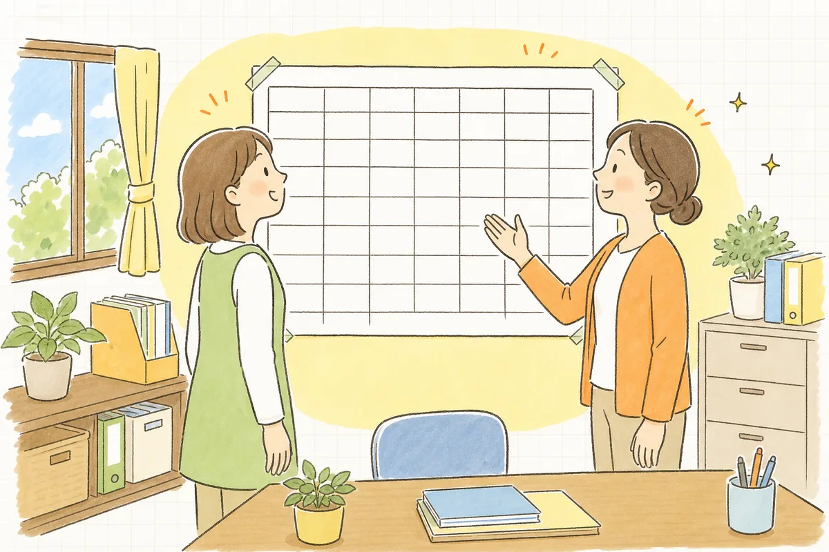 事務室で、事務担当者と主任が壁に貼った1か月分のシフト表を見ながら、うなずき合っている場面