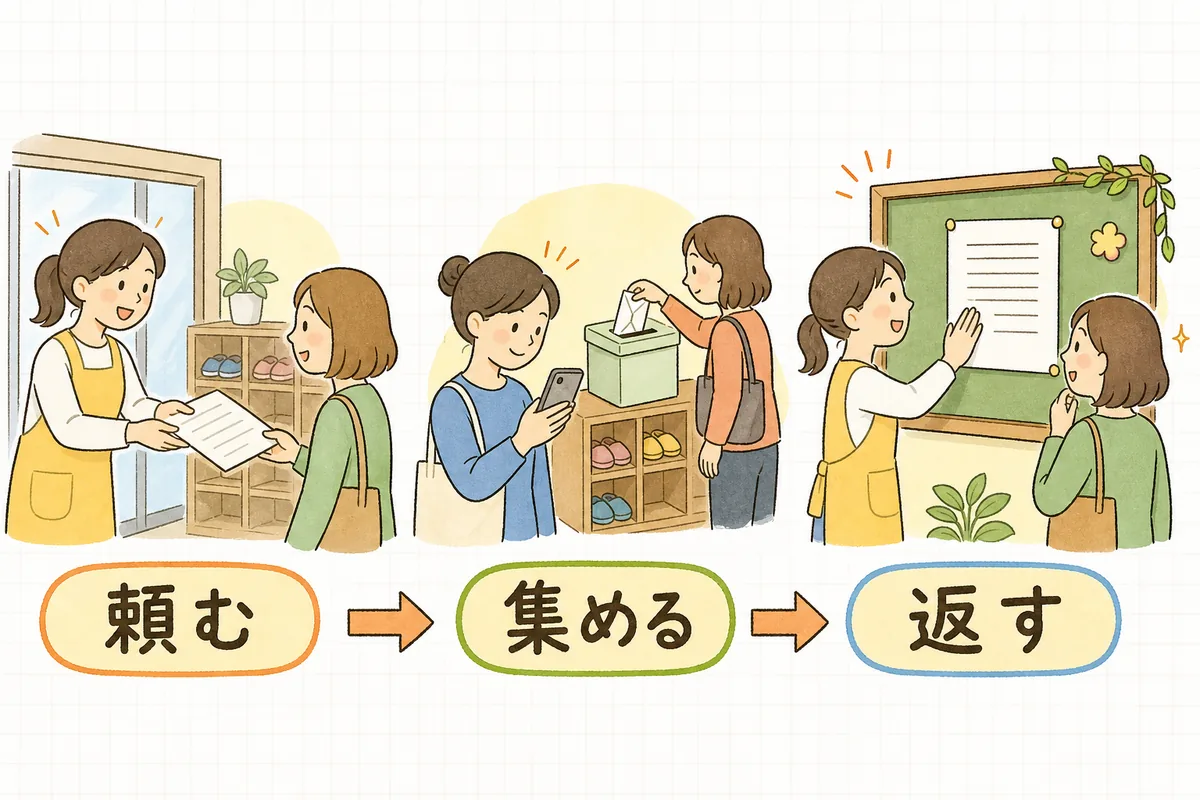 保護者アンケートの流れを「頼む」「集める」「返す」の3場面で示した図
