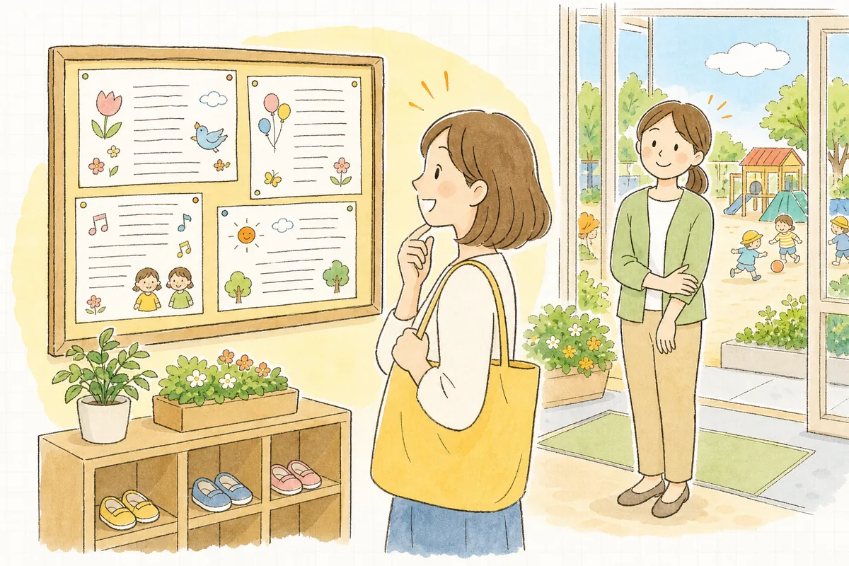 明るい午前中の保育園の玄関で、掲示板に貼られたおたよりを保護者が笑顔で読み、そばで事務職員がうれしそうに見守っている場面