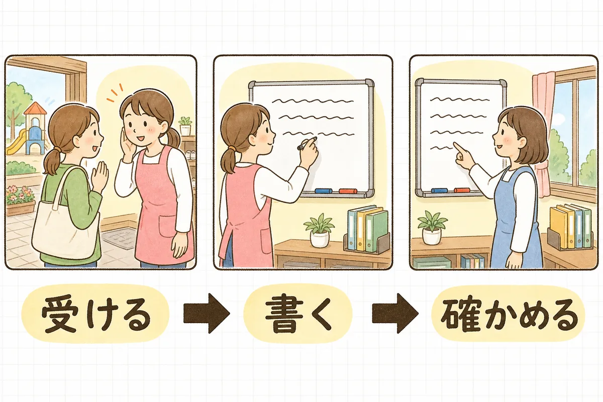 保護者の伝言を「受ける」「書く」「確かめる」の3つの場面で届ける流れを示した図