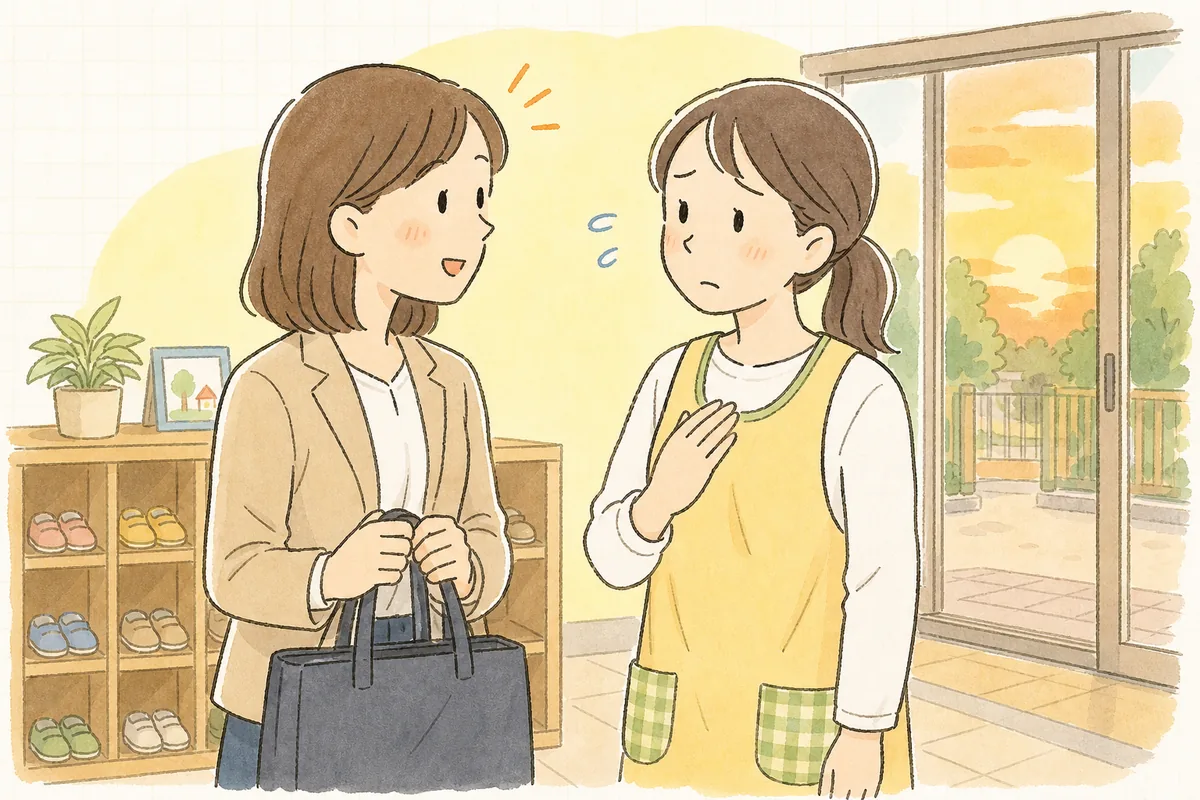夕方の保育園の玄関で、お迎えに来た保護者の話を聞きながら、少し困った表情で朝の伝言を思い出そうとしている保育士