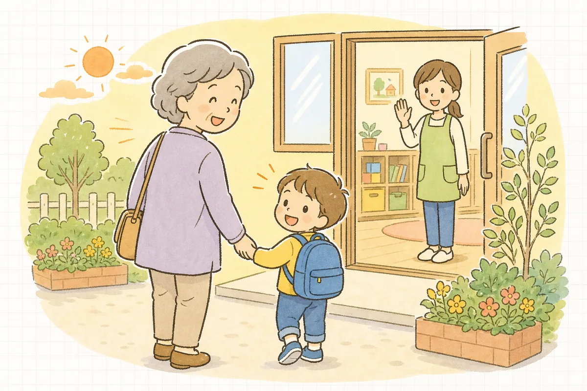 夕方の保育園の玄関で、祖母に手を引かれて帰る子どもに、保育士が笑顔で手を振って見送っている場面