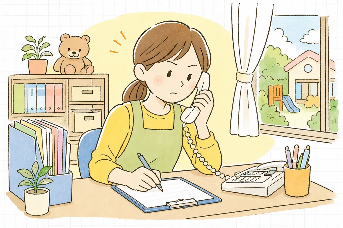 園の事務室で保護者からの電話を受け、メモを取りながら真剣に耳を傾ける保育園の事務担当者
