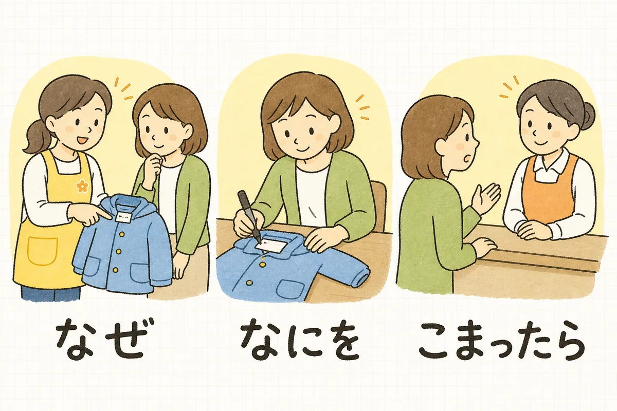 保護者へのお願いを伝える3つの要素を並べた図。理由を説明する場面、記名している場面、相談している場面