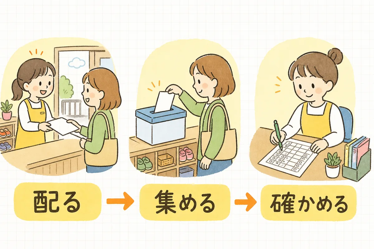保護者向け書類の流れを「配る」「集める」「確かめる」の3場面で示した図