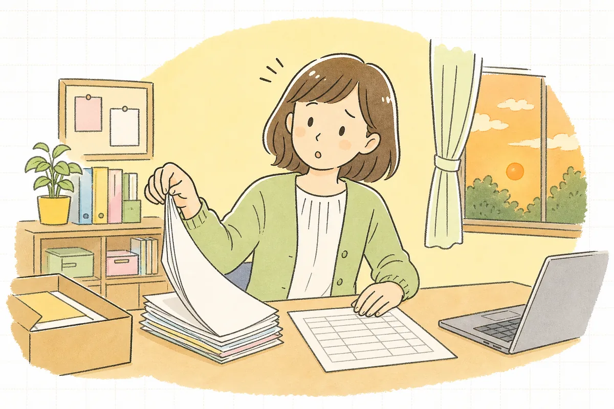 夕方の事務室で、回収箱から取り出した保護者の提出書類をクラス名簿と見比べながら、足りない1枚を探して首をかしげている保育園の事務職員