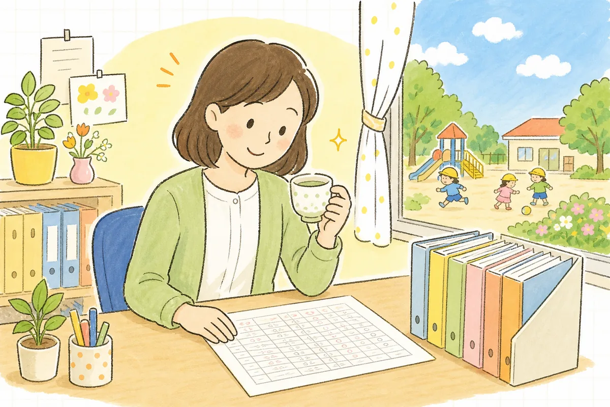 明るい午前中の事務室で、ほとんどのマスが埋まった回収チェック表を前に、事務職員がほっとした笑顔で湯のみを手にひと息ついている場面