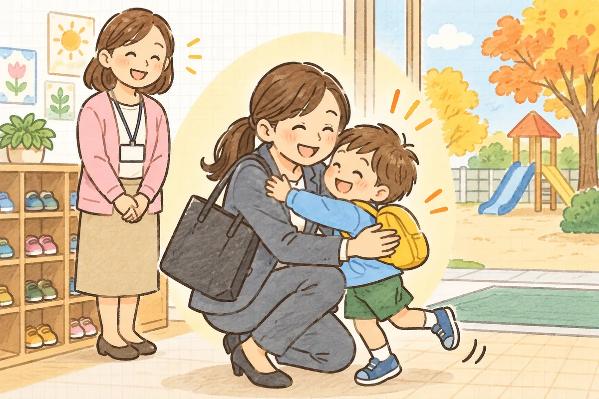 夕方の保育園の玄関で、保護者が子どもを抱きとめ、そばで事務職員がほっとした笑顔で見送っている場面