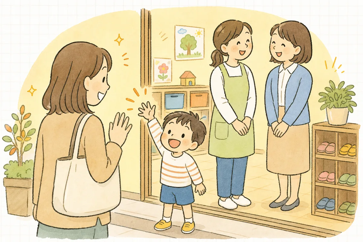 参観が終わった午後の保育室で、子どもが保護者に手を振り、それを見た保育士と事務担当者がほっとした笑顔を交わしている場面