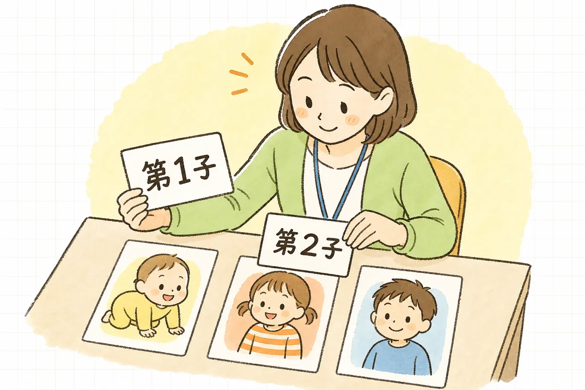 きょうだい3人の並びに「第1子」「第2子」の札を当てながら数え方を確かめる保育園の事務担当者