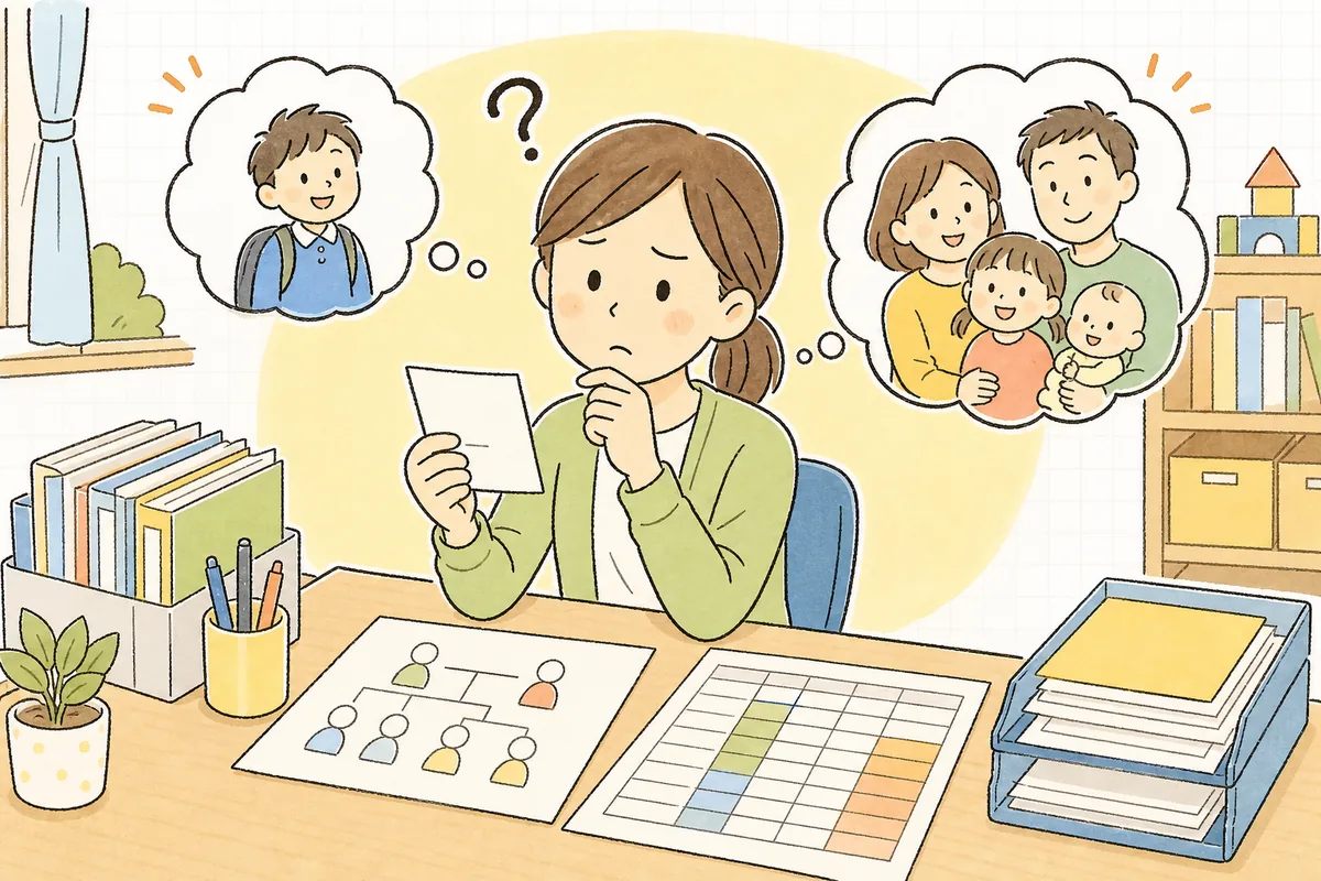 保護者からのきょうだいの人数の問い合わせメモを手に、多子軽減の数え方に迷って手を止める保育園の事務担当者