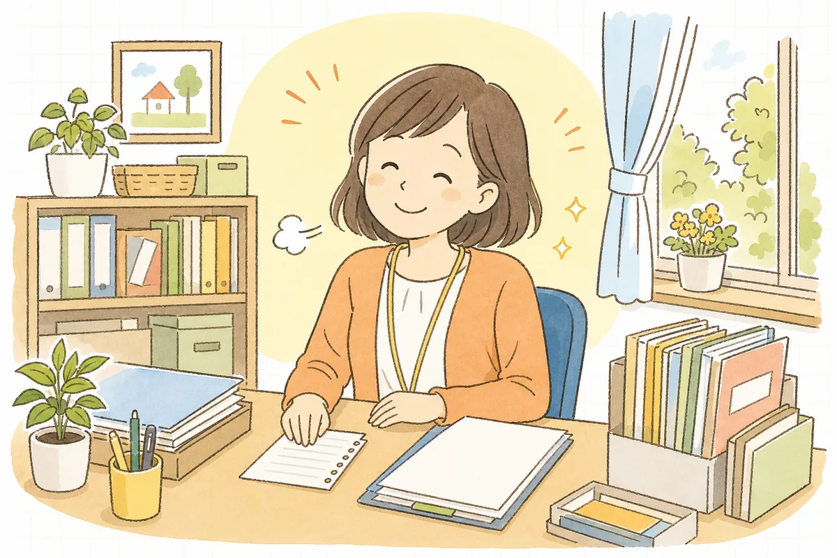 多子軽減の判定を根拠つきで整理し終え、保護者に落ち着いて説明できる安心の表情を見せる保育園の事務担当者