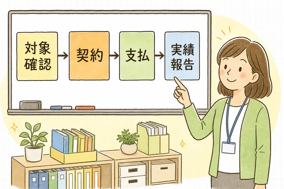 ホワイトボードに描いた「対象確認・契約・支払・実績報告」の流れ図を指さして確かめる保育園の事務担当者