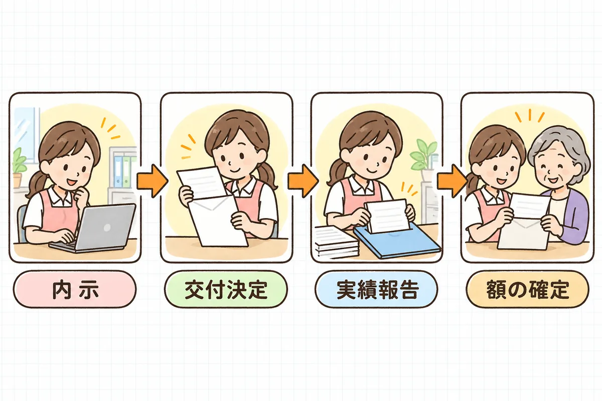 補助金の手続きを「内示」「交付決定」「実績報告」「額の確定」の4つの場面で示した、左から右へ進む流れの図