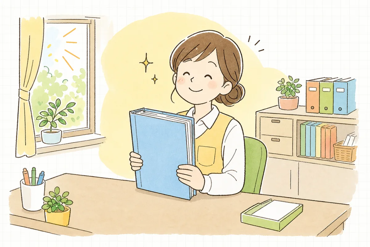 整理し終えた書類をファイルに収め、ひと息ついて穏やかにほほえんでいる保育園の事務担当者