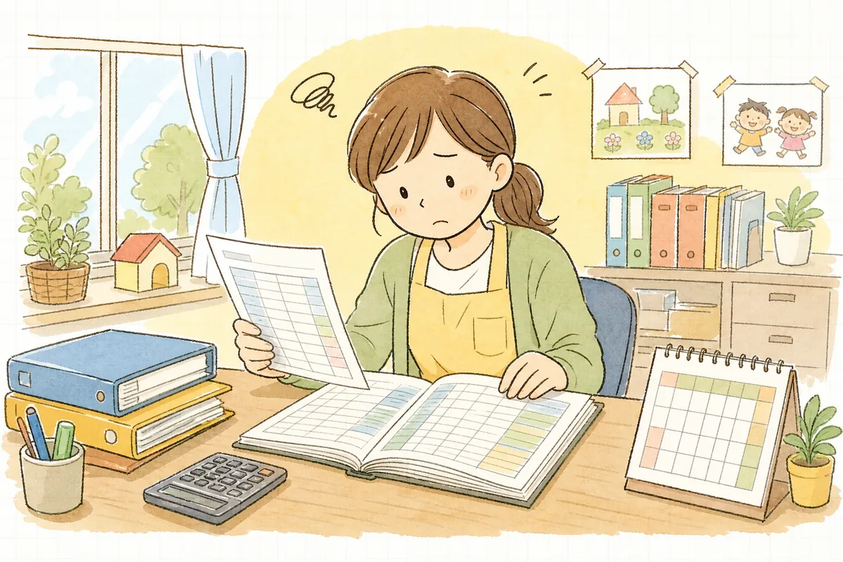 一時預かりの利用記録簿と補助金の申請書類を机に広げ「この日数、記録と合っているかな」と確かめる保育園の事務担当者