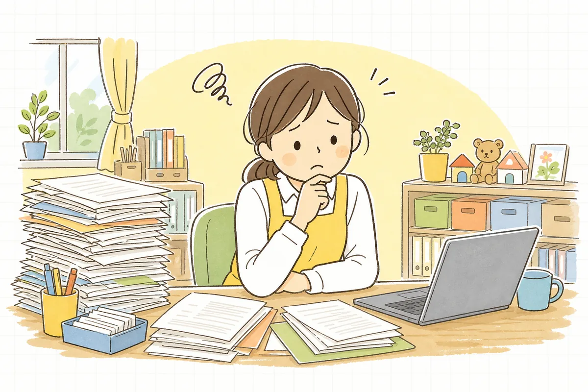 山積みの手書き書類とノートパソコンを見比べ、何から始めるか戸惑う表情の保育園の事務担当者