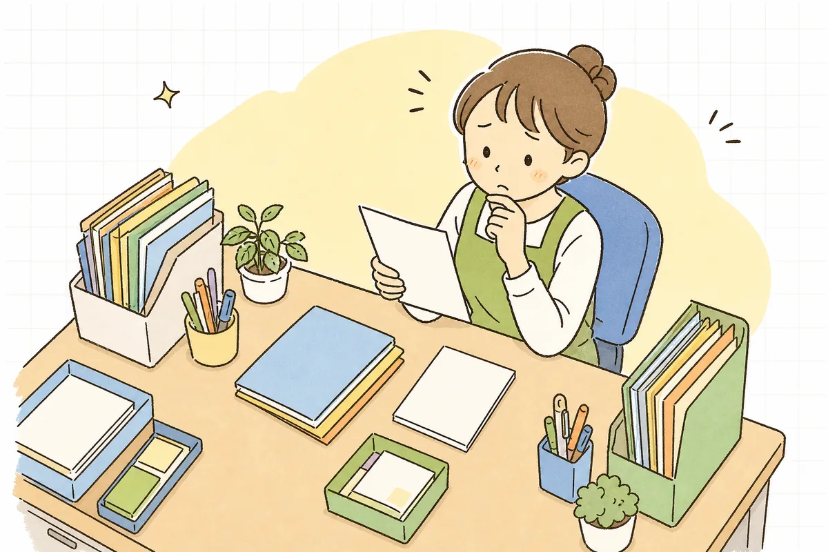 保護者から届いた出産予定の連絡メモを前に、上の子の在園はどうなるかと手を止めて考える保育園の事務担当者
