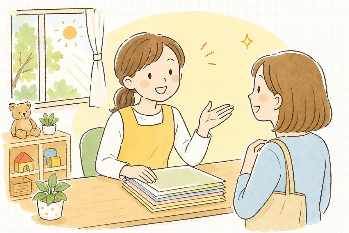 認定事由の一覧を整え終え、窓口で保護者の育休相談に落ち着いて向き合う保育園の事務担当者