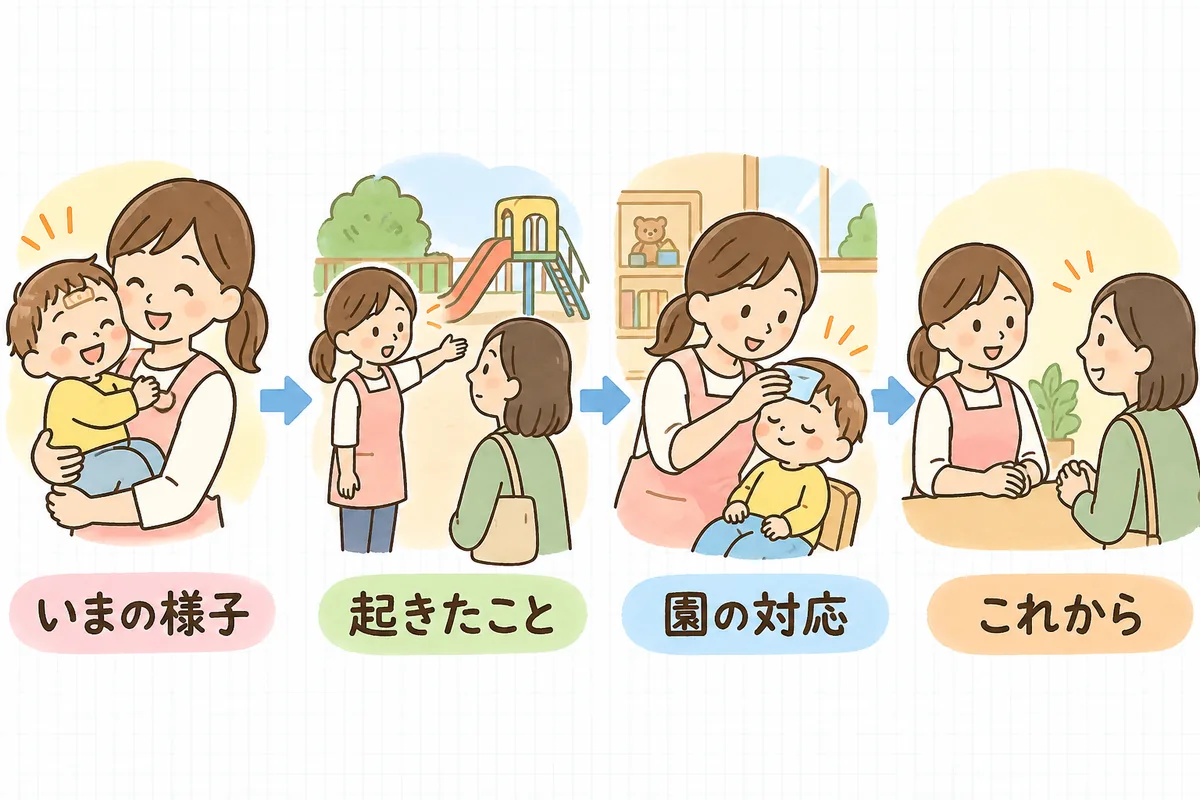保護者への説明の順番を、左から右へ4つの場面で示した図。いまの様子、起きたこと、園の対応、これからの順