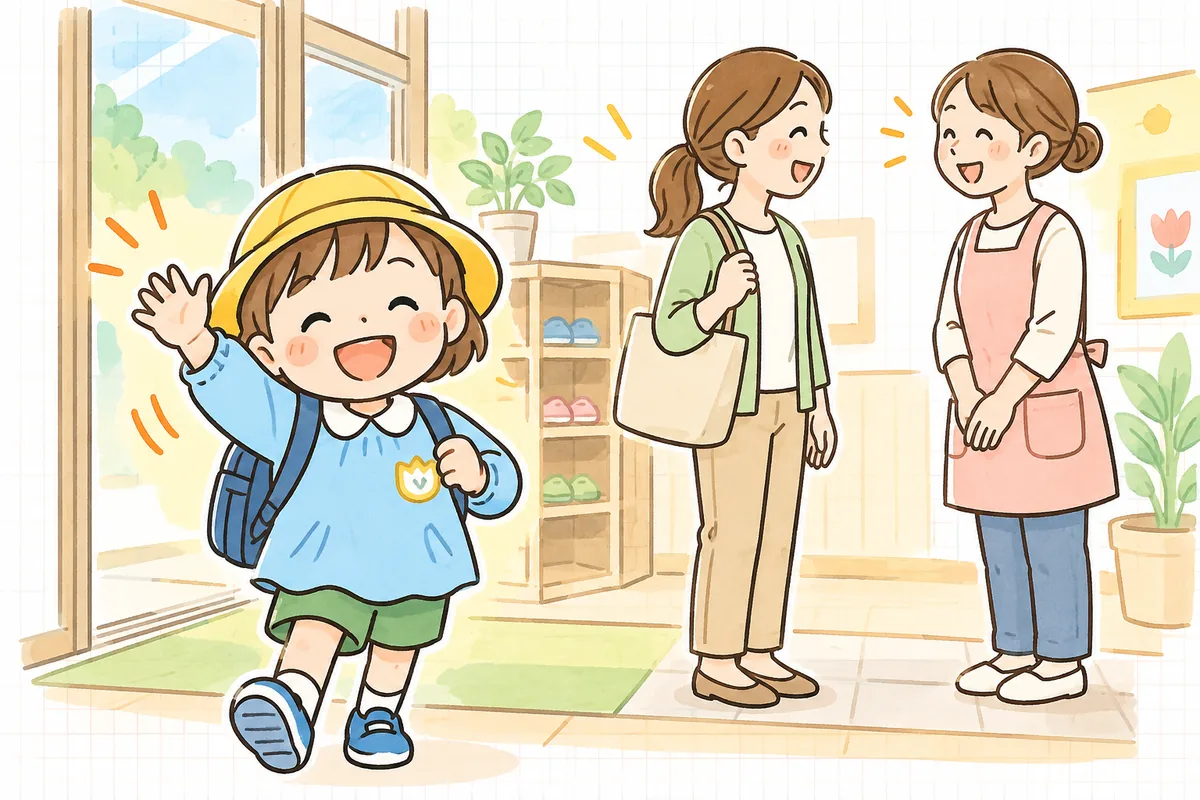 翌朝の保育園の玄関で、元気に登園した子どもを前に、保護者と職員が穏やかに笑顔で話している場面