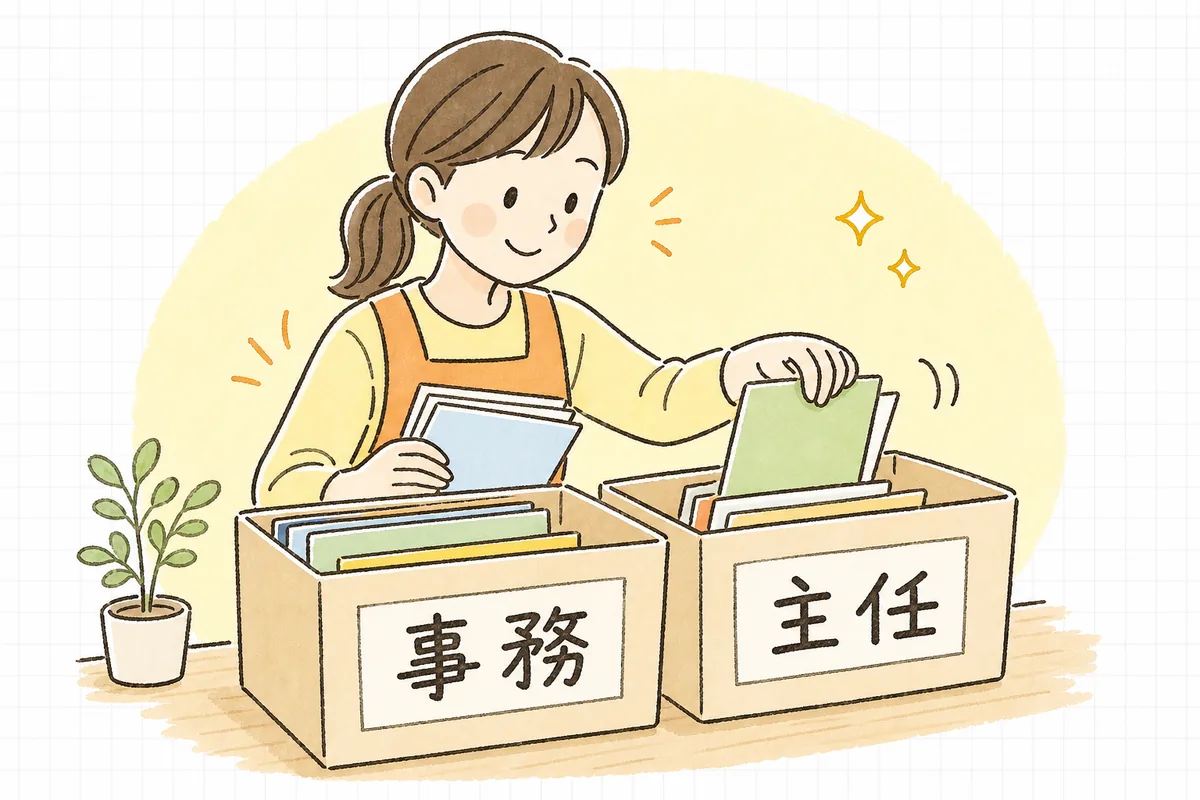 事務職員雇上費と主任専任加算を「事務を支える」「主任を専任にする」の2つの箱に分けて整理した図