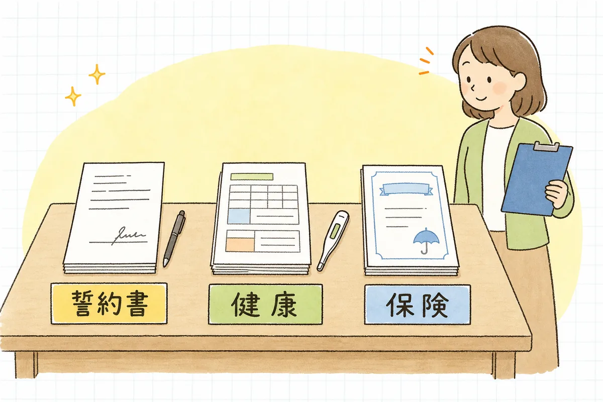 実習の受け入れ前にそろえる3種類の書類を机の上に左から順に並べ、事務担当者が確認している図