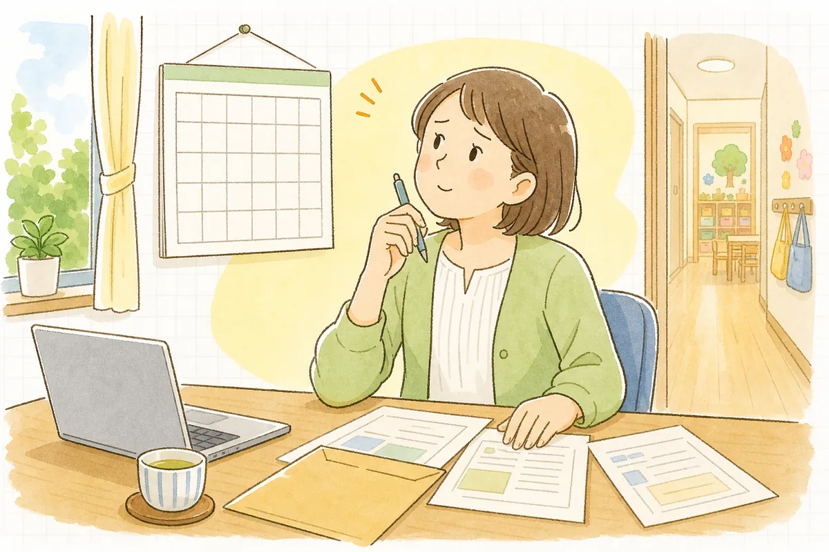 保育園の事務室で、養成校から届いた実習依頼の封筒と書類を机に広げ、カレンダーを見ながら受け入れの日程を考えている事務担当者